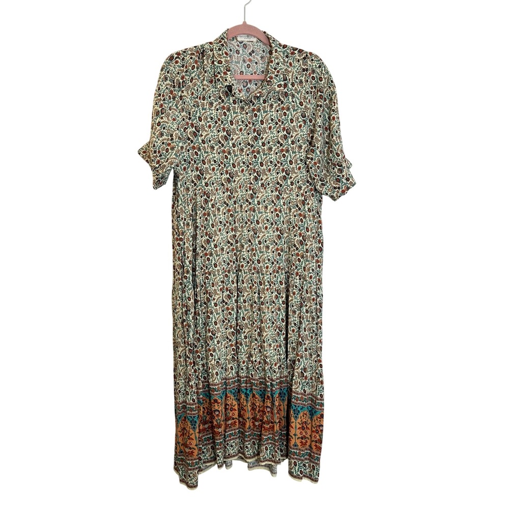 Natural Life Rebecca Midi Dress Size L Ivory Orange Floral Tiered Skirt Pockets